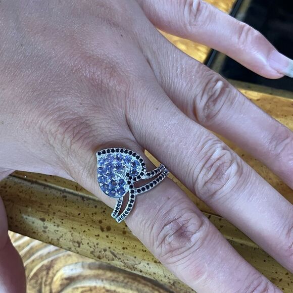 Genuine Tanzanite Black Spinel Sterling Silver Heart Ring Size 8 - Picture 4 of 10